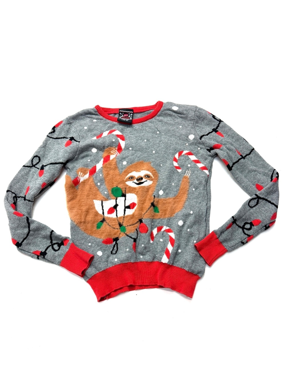 Well Worn Gray Christmas Fuzzy Sloth Sweater Candy Canes Holiday Lights Tacky